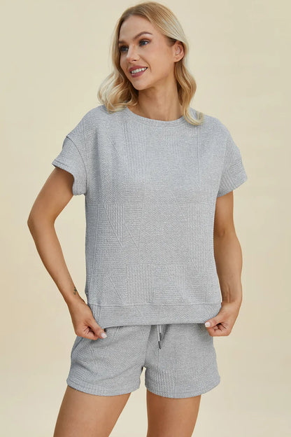 Khaki double take full-size texture short sleeve top and shorts set by Trendsi, casual summer outfit with textured fabric.
