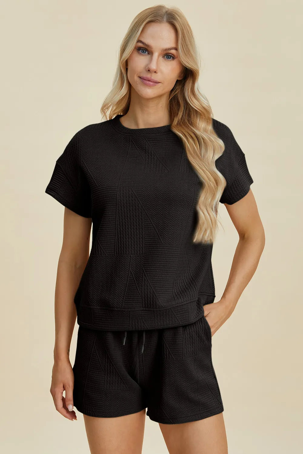 Trendsi khaki double take full-size textured short sleeve top and matching shorts set, casual summer outfit.
