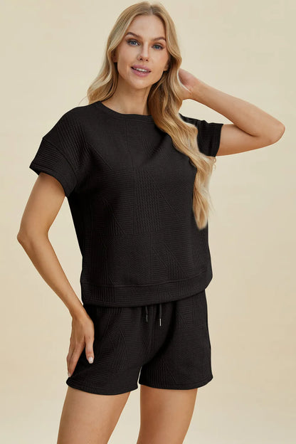 Trendsi khaki double take full size texture short sleeve top and matching shorts set, casual summer outfit with textured fabric