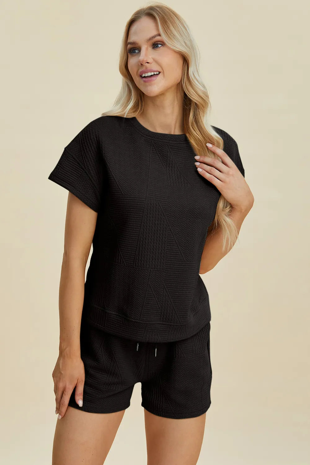 Trendsi khaki double take full-size texture short sleeve top and matching shorts set, casual summer outfit with textured fabric.