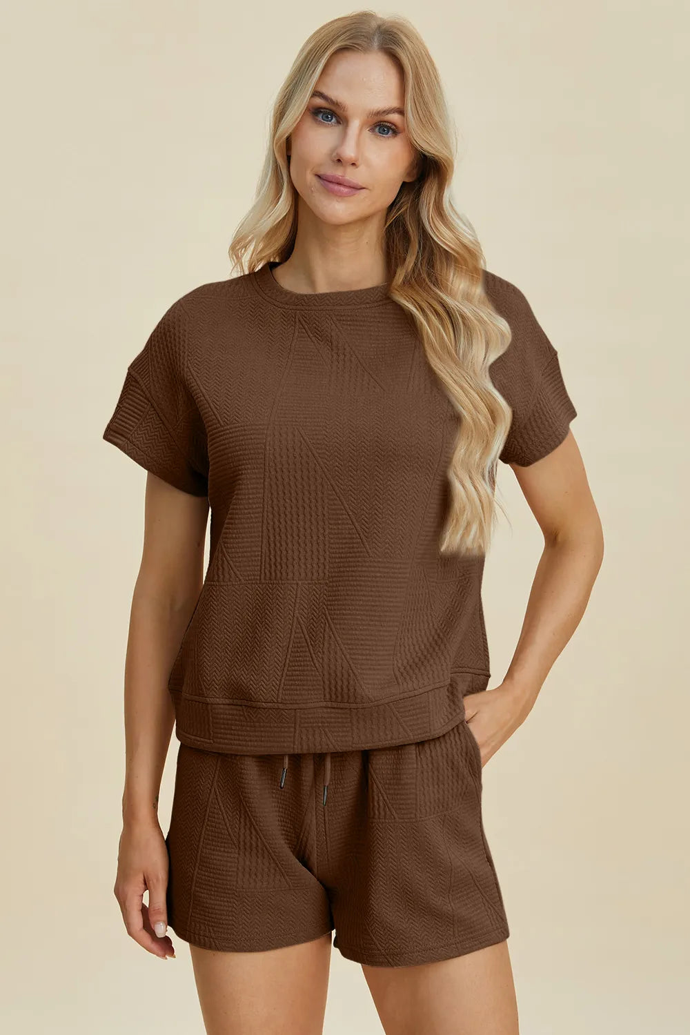 Trendsi double take khaki full-size texture short sleeve top and matching shorts set, casual summer outfit with textured fabric.
