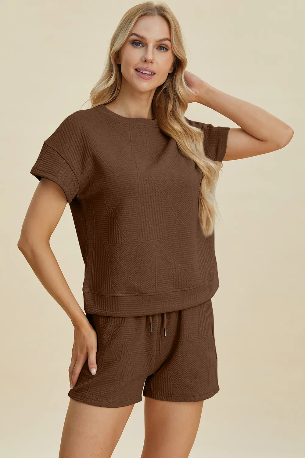 Khaki double take full-size texture short sleeve top and shorts set by Trendsi, casual summer outfit with textured fabric.