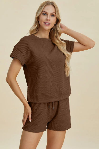 Khaki double take full-size texture short sleeve top and shorts set by Trendsi, casual summer outfit with textured fabric.
