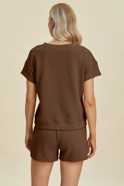 Khaki double take full-size texture short sleeve top and shorts set by Trendsi, casual summer clothing for women.