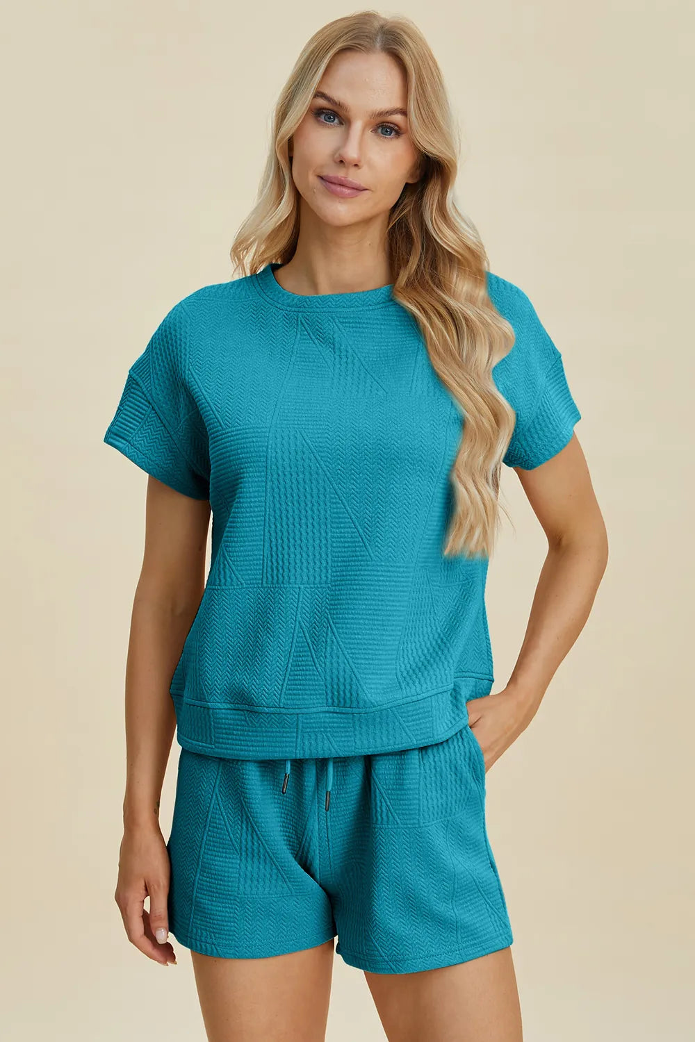 Khaki double take full-size texture short sleeve top and shorts set from Trendsi, casual summer outfit with comfortable fabric.