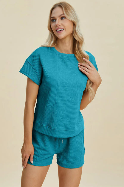 Trendsi khaki double take texture short sleeve top and matching shorts set, casual summer outfit, styled on a model.