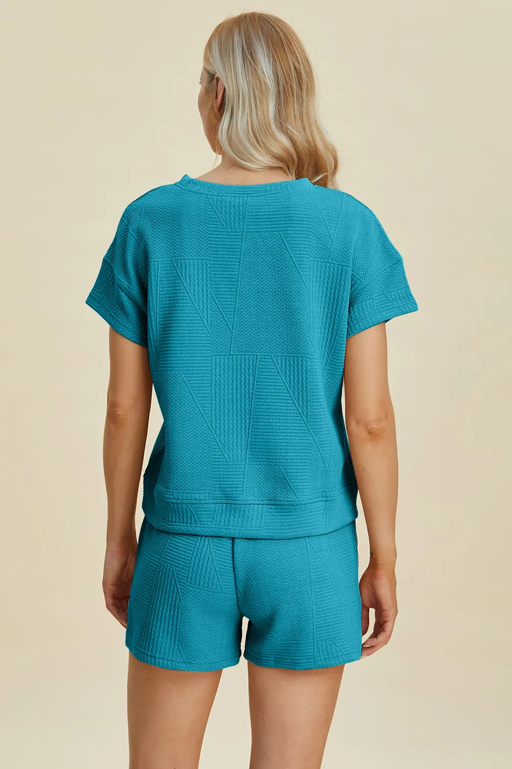 Trendsi khaki double take full-size texture short sleeve top and matching shorts set, casual summer outfit, front view.