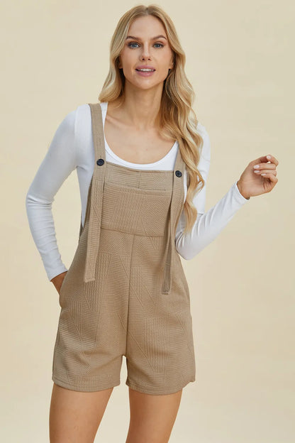 Khaki sleeveless romper with textured fabric from Trendsi, featuring a double take full size design and a relaxed fit.