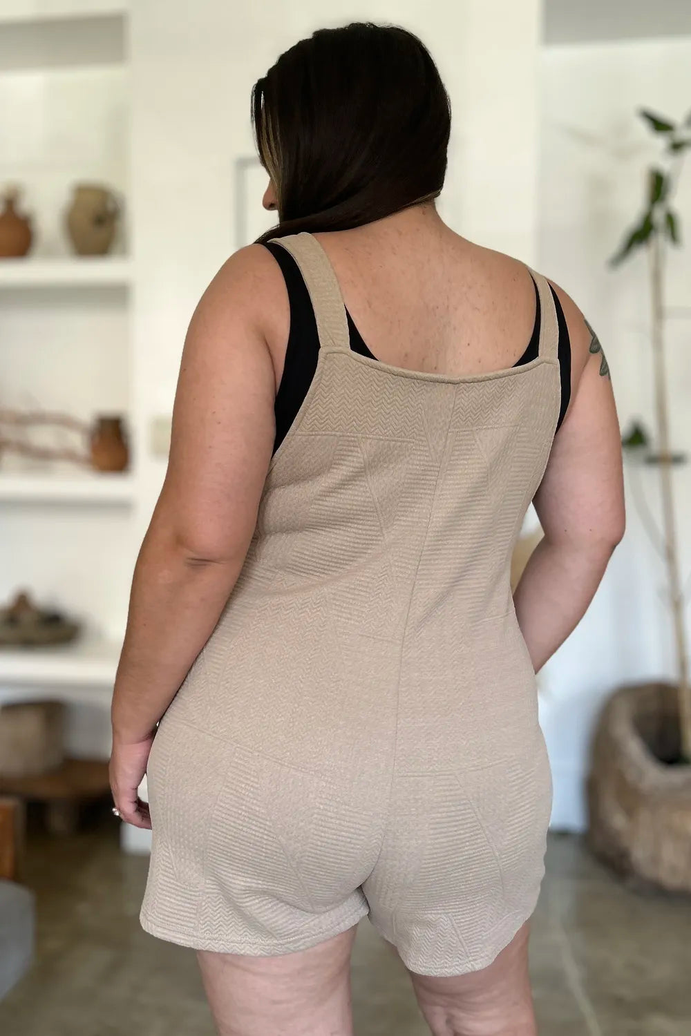 Khaki sleeveless romper with textured fabric and full-size fit, featuring a stylish double take design from Trendsi.