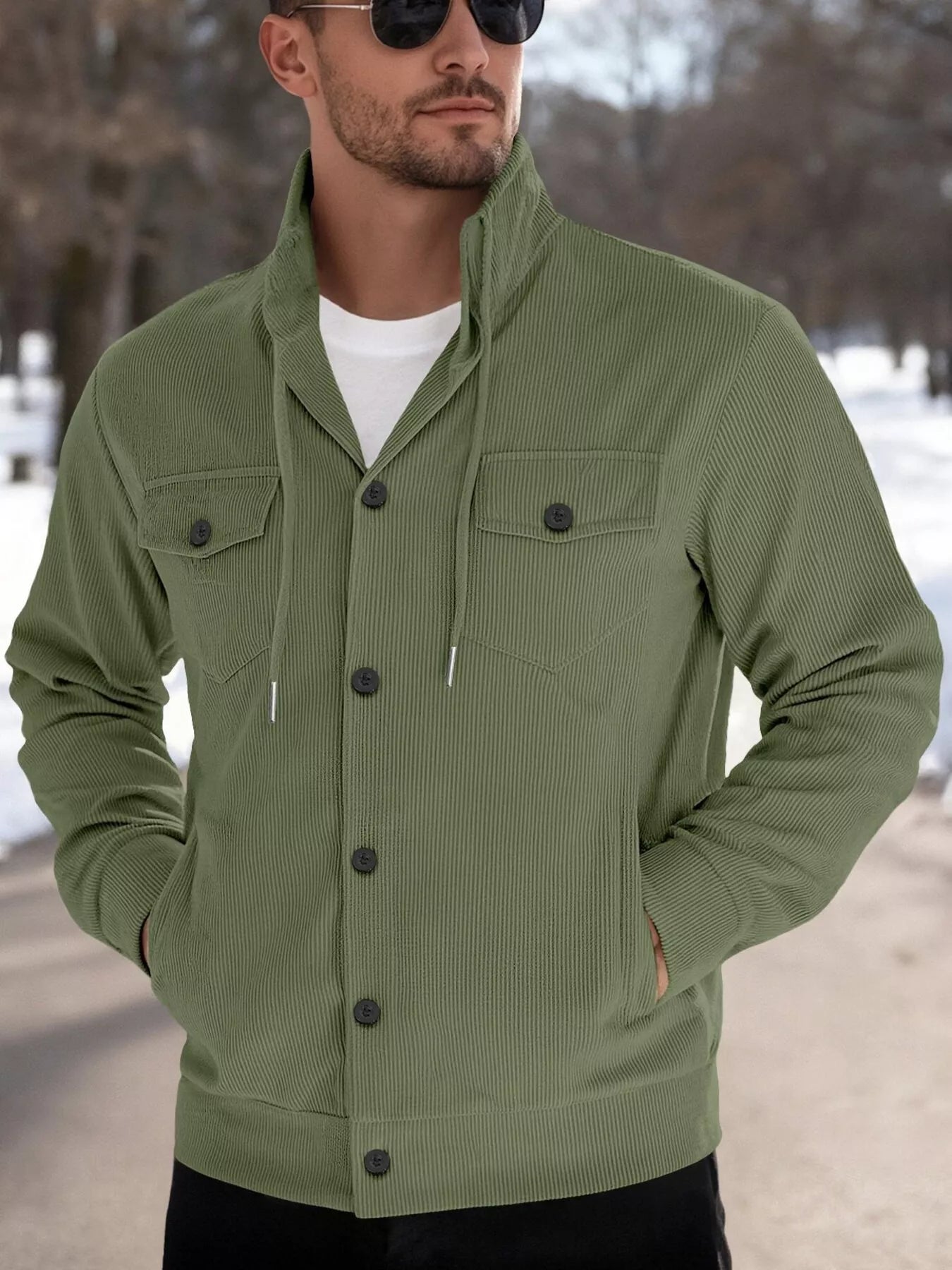 Men's full-size casual khaki corduroy button-down jacket by Trendsi, featuring a classic collar and front buttons for a relaxed look.