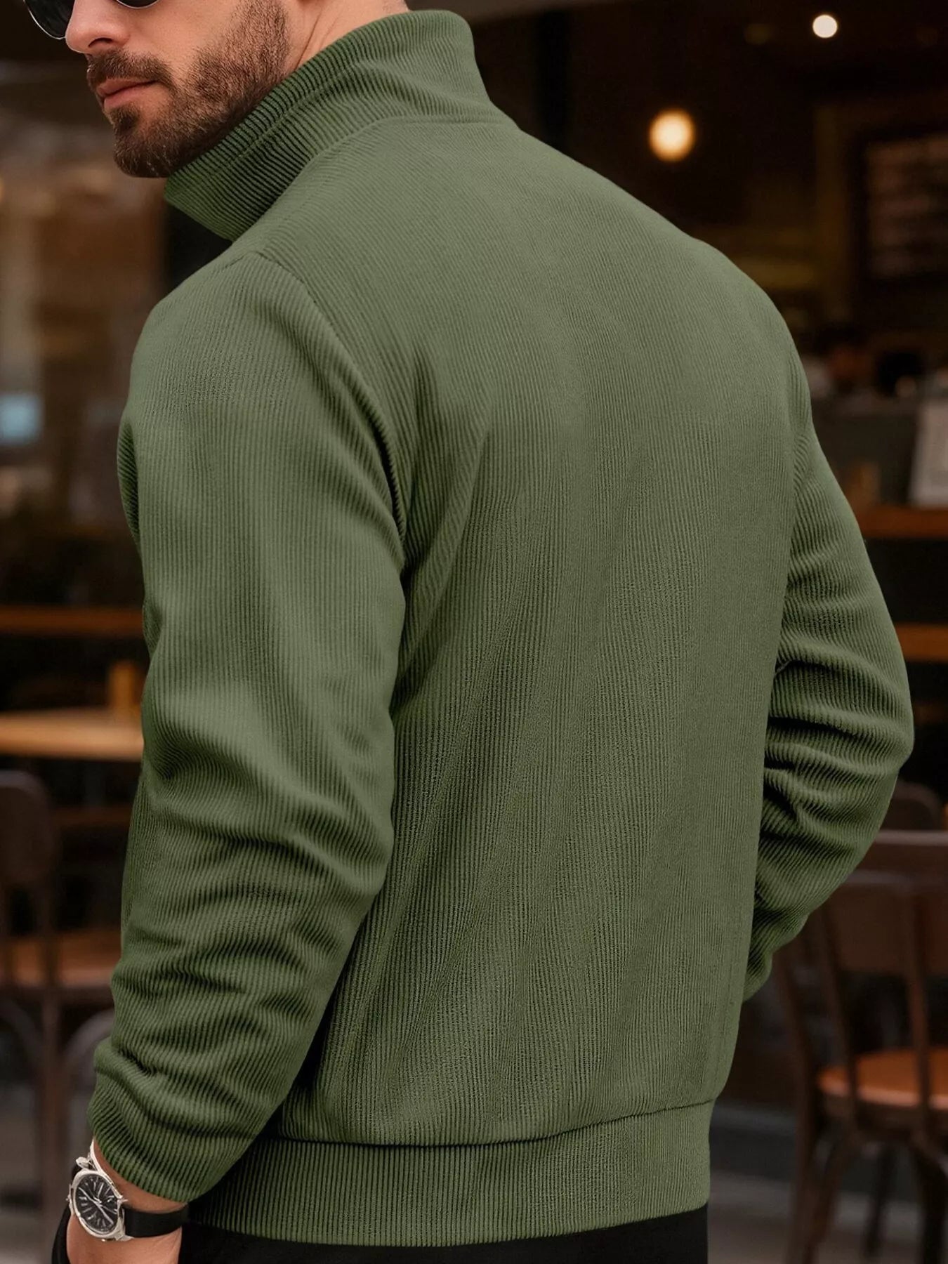 Men's full-size khaki casual corduroy button-down jacket by Trendsi, featuring a classic collar and front button closure.