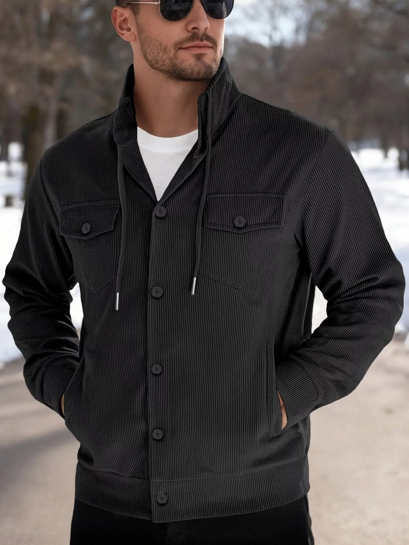 Men's full-size khaki casual corduroy button-down jacket by Trendsi, featuring a classic collar and front button closure.