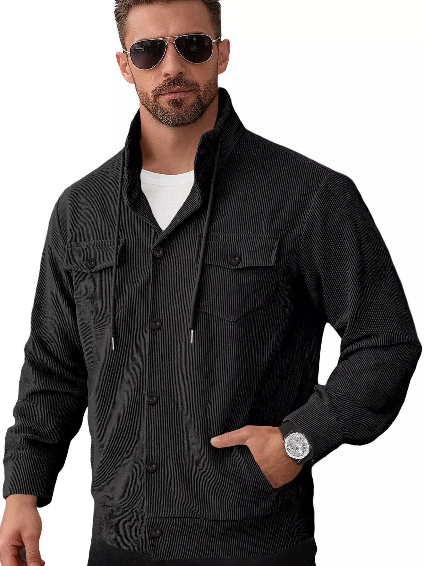 Men's full-size khaki corduroy button-down casual jacket by Trendsi, featuring a classic collar and front button closures.