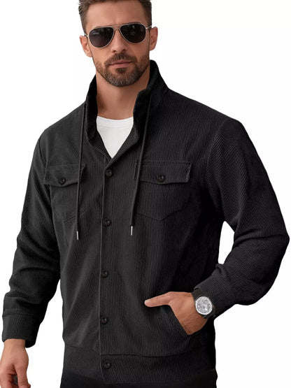 Men's full-size khaki corduroy button-down casual jacket by Trendsi, featuring a classic collar and front button closures.
