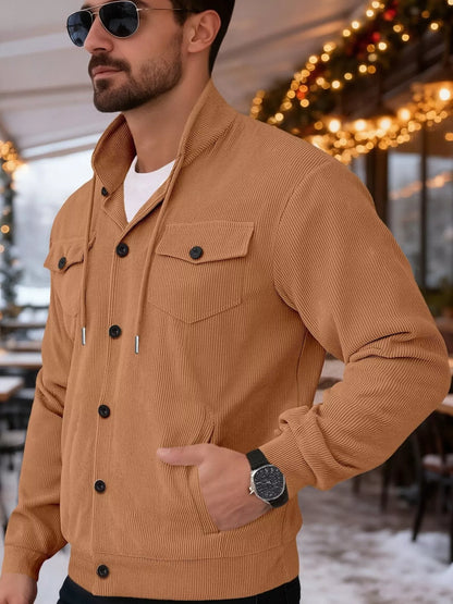 Men's full-size casual khaki corduroy button-down jacket by Trendsi, featuring a classic design and front buttons.
