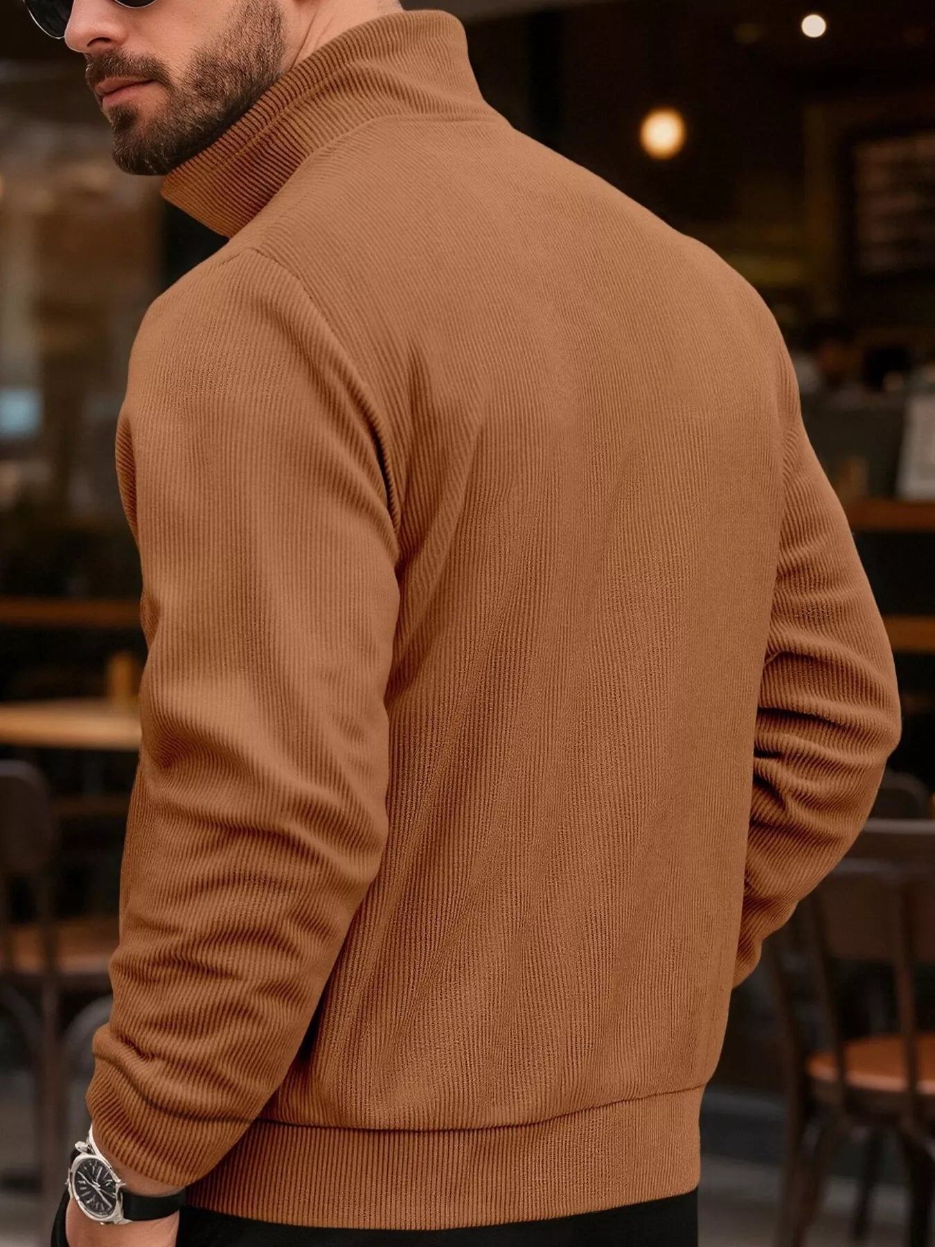 Men's full-size casual khaki corduroy button-down jacket by Trendsi, shown in a relaxed fit with front buttons and classic collar.