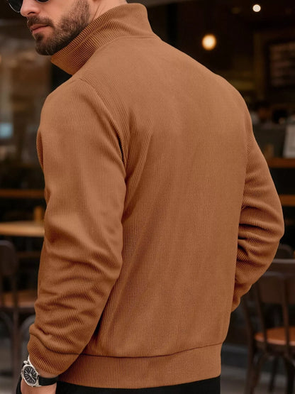 Men's full-size casual khaki corduroy button-down jacket by Trendsi, shown in a relaxed fit with front buttons and classic collar.