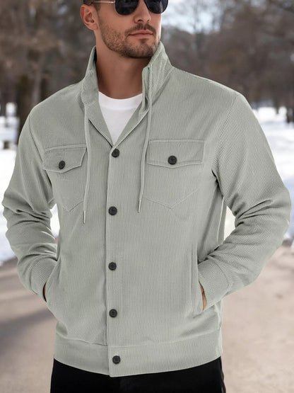 Men's full-size casual khaki corduroy button-down jacket by Trendsi, featuring a classic collar and button front for versatile style.