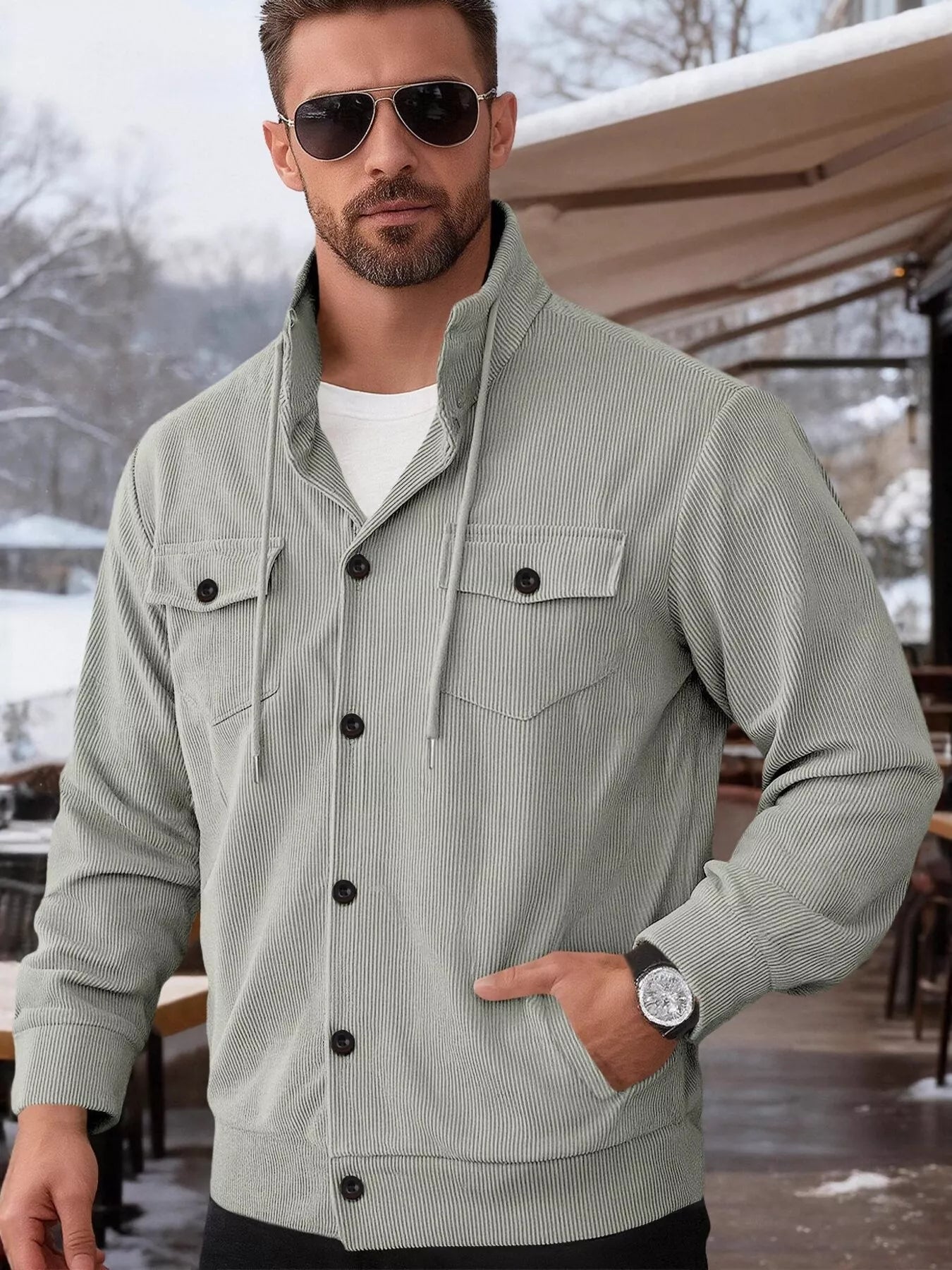 Men's full-size casual khaki corduroy button-down jacket by Trendsi, stylish and comfortable for everyday wear.