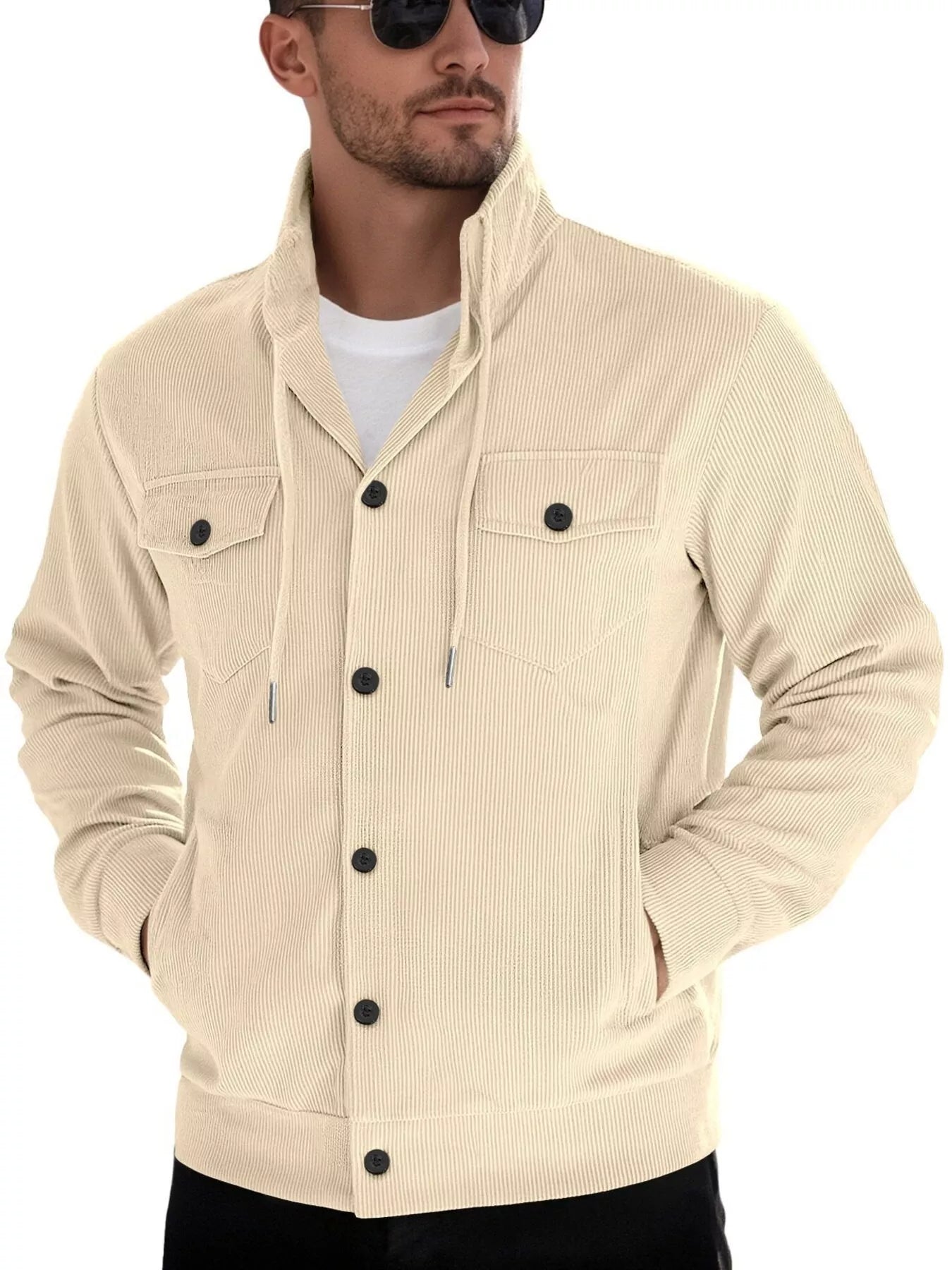 Men's full-size casual khaki corduroy button-down jacket by Trendsi, featuring a classic collar and front button closure.