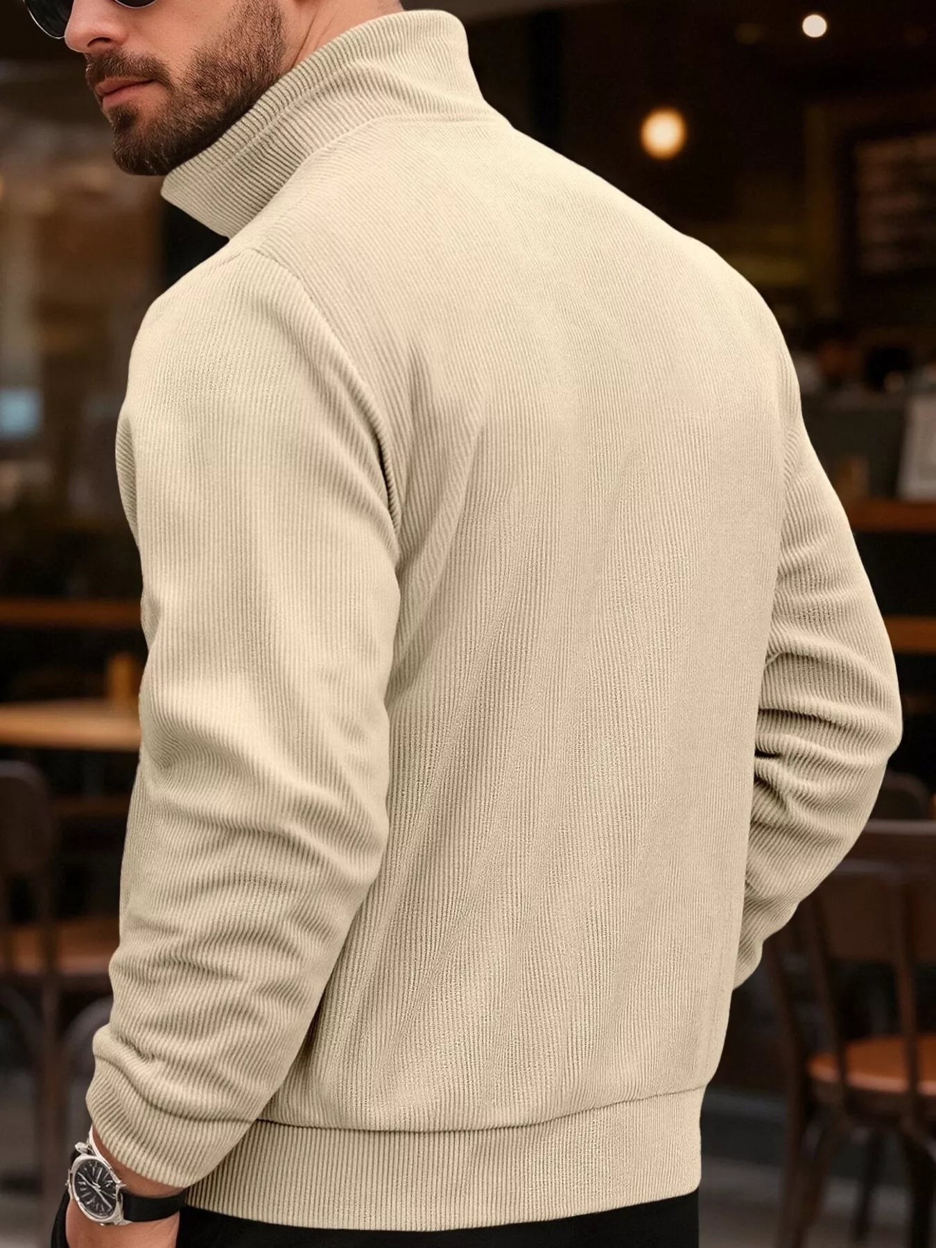 Men's full-size casual khaki corduroy button-down jacket by Trendsi, featuring a classic collar and front button closure.