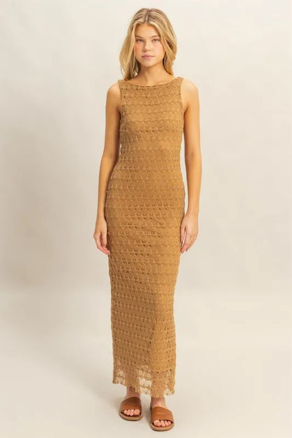 Brown HYFVE sleeveless crochet open-back maxi dress, stylish and flowy with intricate crochet details and open back design.