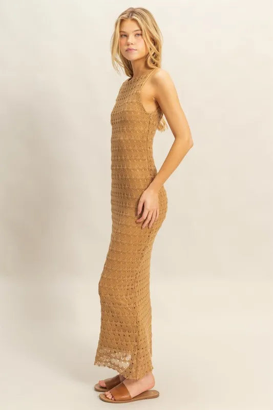 Brown HYFVE sleeveless crochet open-back maxi dress with a flowy silhouette and stylish back design.