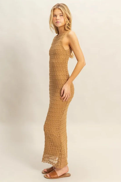 Brown HYFVE sleeveless crochet open-back maxi dress with a flowy silhouette and stylish back design.