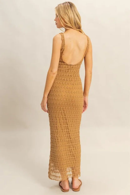Brown HYFVE sleeveless crochet open-back maxi dress with flowing fabric and stylish design, perfect for warm-weather occasions.