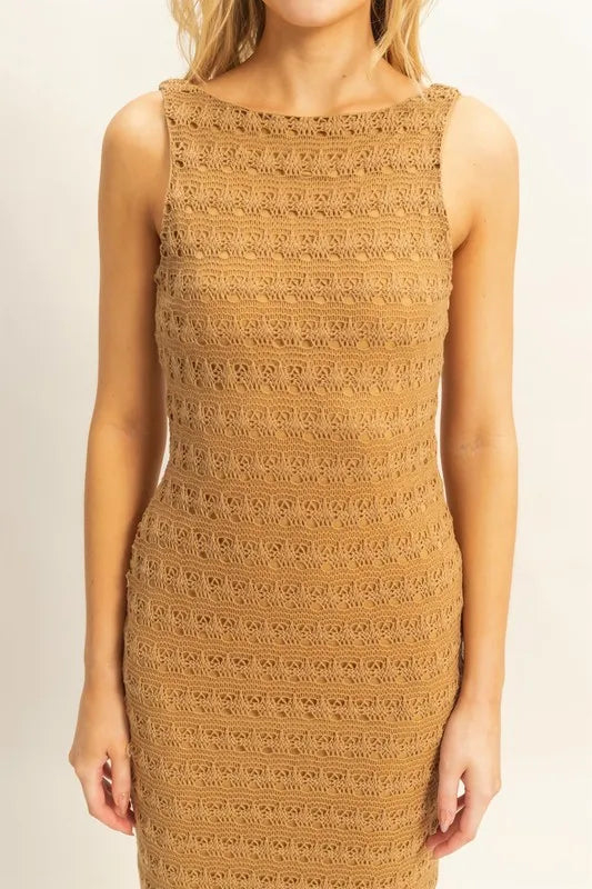 Brown HYFVE sleeveless crochet open-back maxi dress with a flowy silhouette, perfect for summer or casual occasions.