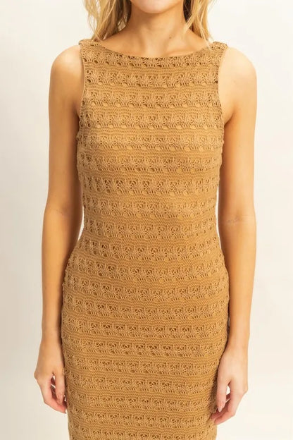 Brown HYFVE sleeveless crochet open-back maxi dress with a flowy silhouette, perfect for summer or casual occasions.