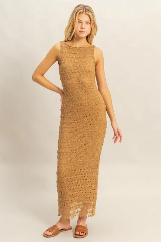 Brown HYFVE sleeveless crochet open-back maxi dress, showcasing its flowing design and stylish open-back detail.