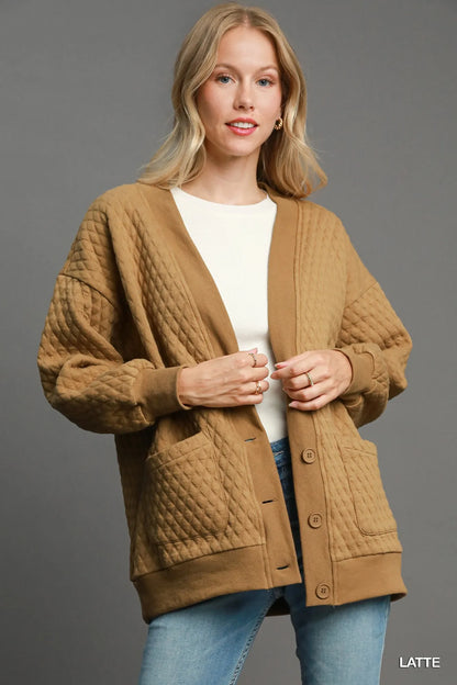 Light brown Umgee button-up jacquard cardigan with a textured pattern, styled with a classic collar and button closure.