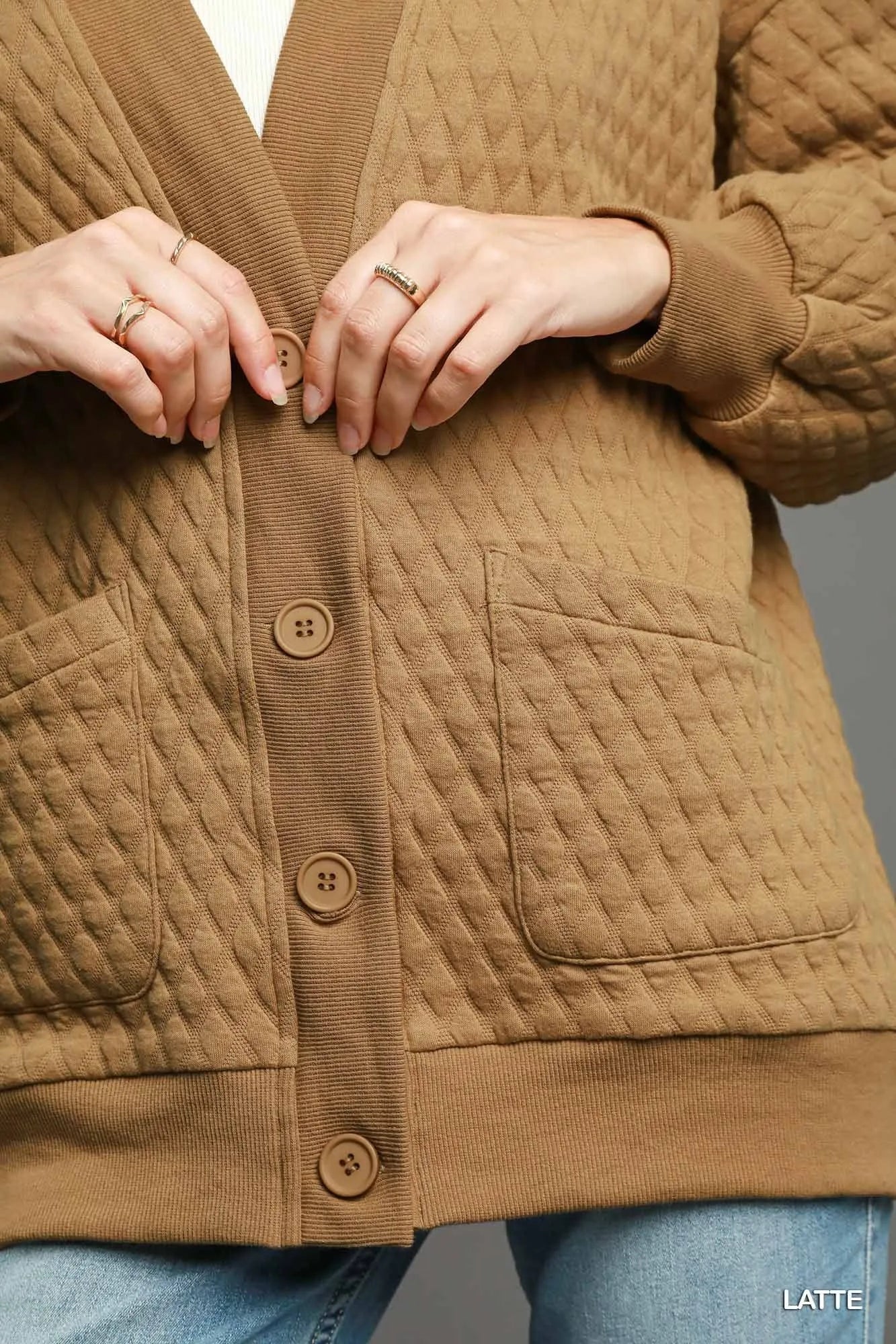 Trendsi Umgee latte button-up jacquard cardigan featuring a textured pattern and classic fit, displayed on a neutral background.