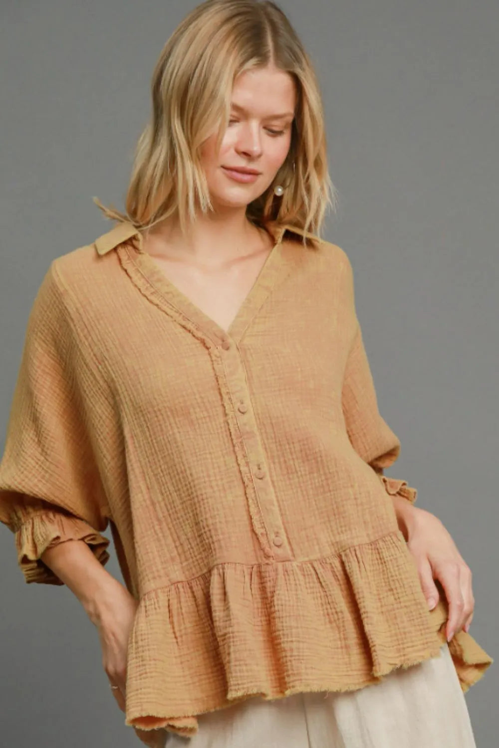 Plus size Umgee mineral washed cotton gauze top in latte color, featuring a relaxed fit and breathable fabric.