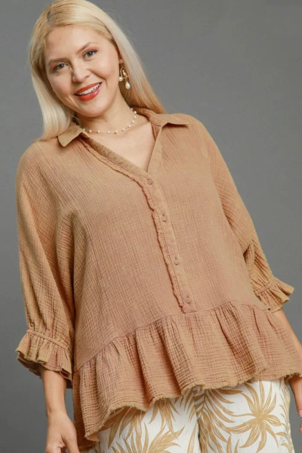 Plus size mineral washed cotton gauze top by Umgee, styled in a relaxed fit with soft, lightweight fabric and casual design.