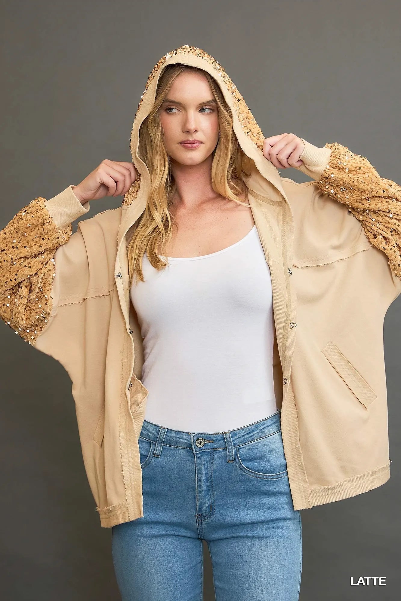 Light brown Umgee sequined French terry jacket with a relaxed fit and shimmering sequined details, ideal for casual stylish wear.