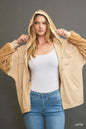 Light brown Umgee sequined French terry jacket with a relaxed fit and shimmering sequined details, ideal for casual stylish wear.