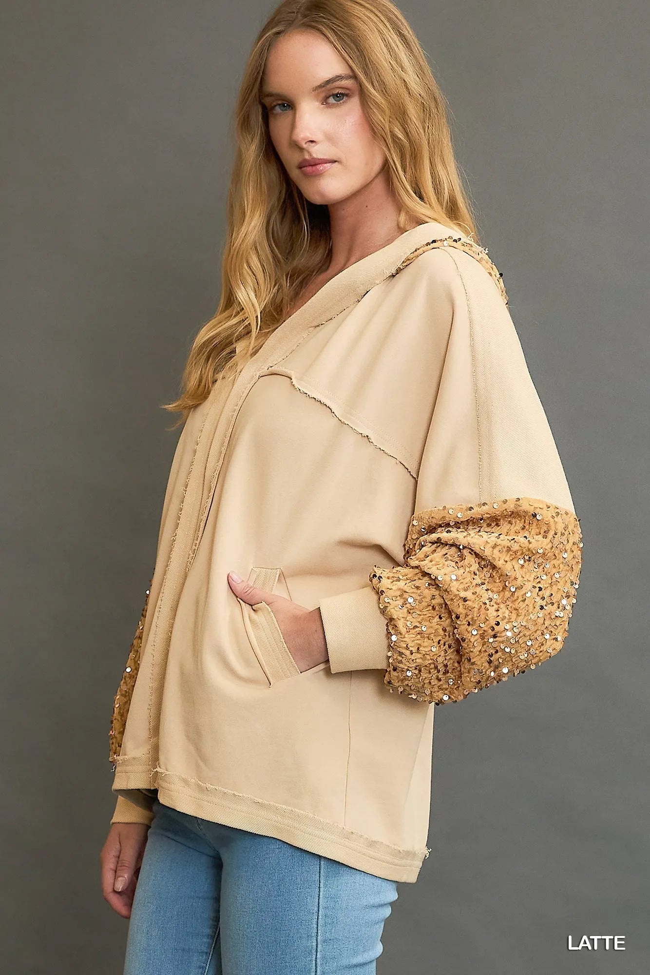 Umgee sequined French terry jacket in latte color, stylish casual jacket with sparkling sequins and comfortable fabric.