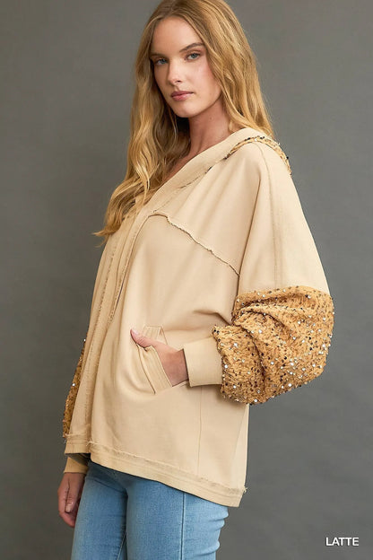 Umgee sequined French terry jacket in latte color, stylish casual jacket with sparkling sequins and comfortable fabric.