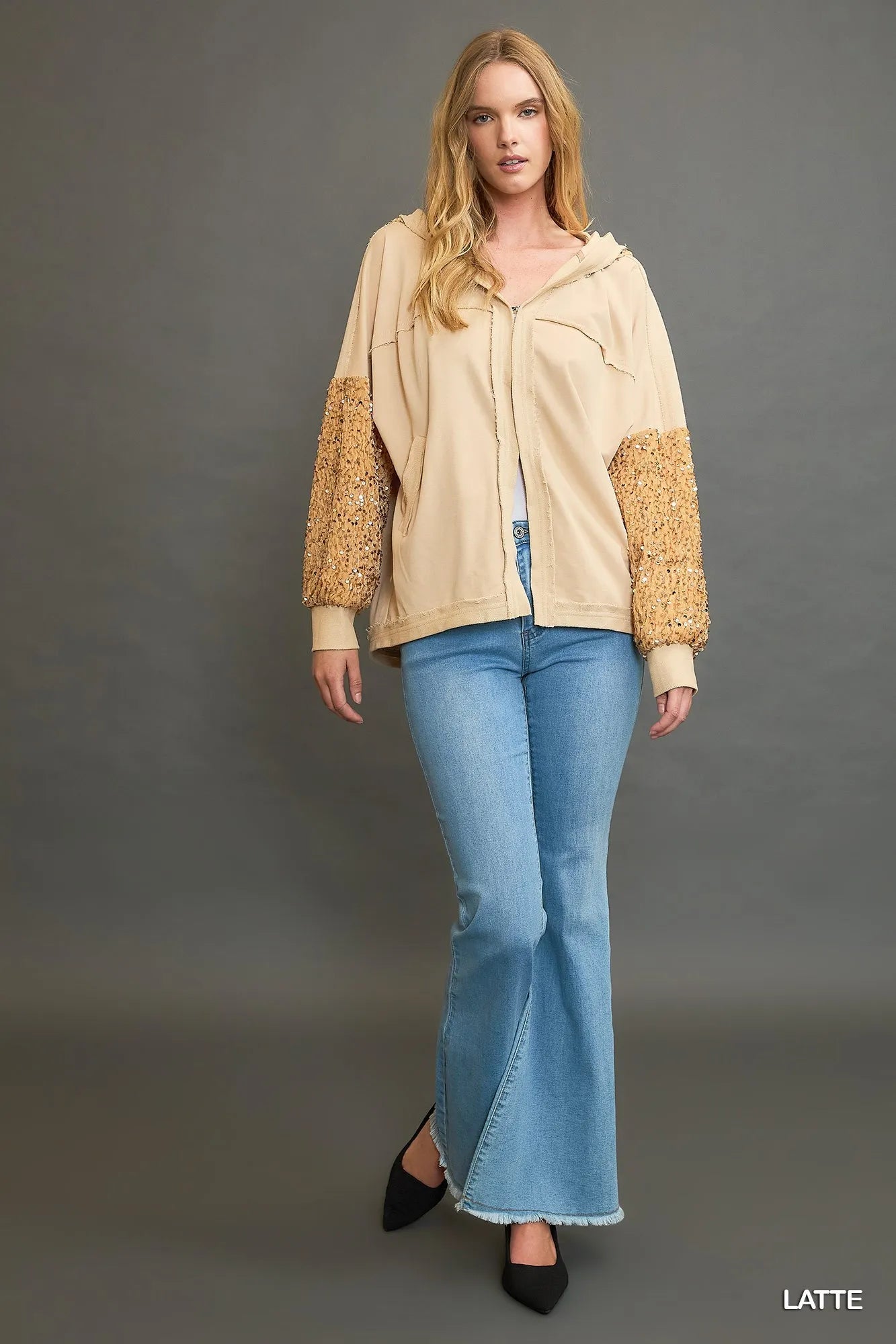 Light brown Umgee sequined French Terry jacket with a relaxed fit and sparkly embellishments, perfect for casual or stylish wear.