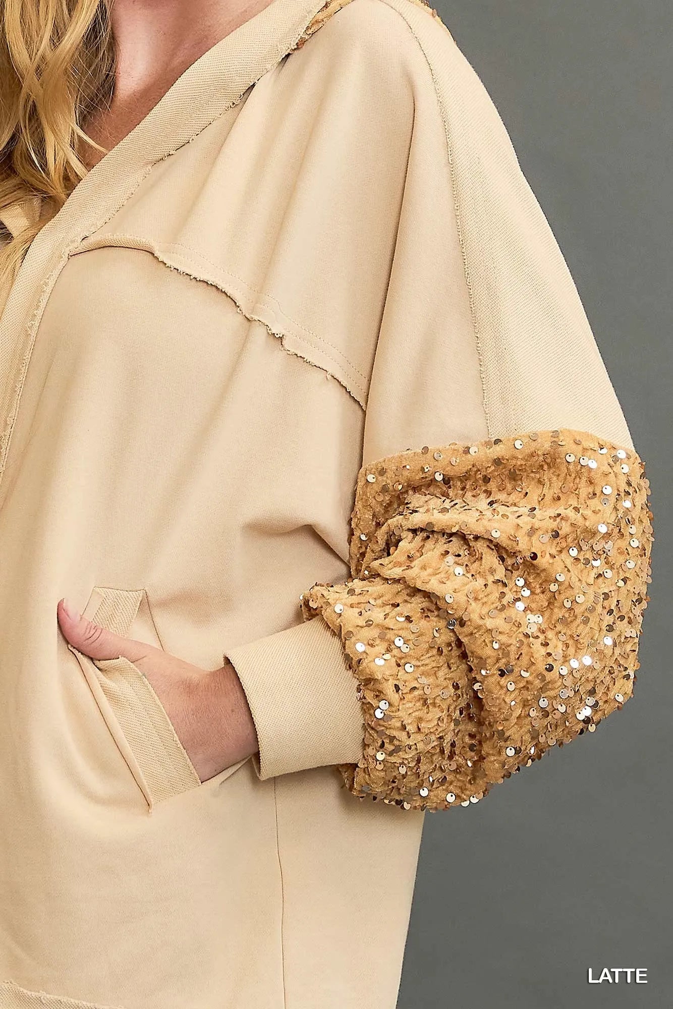 Light brown Umgee sequined French terry jacket with a relaxed fit and shimmering embellishments, perfect for casual or dressy wear.