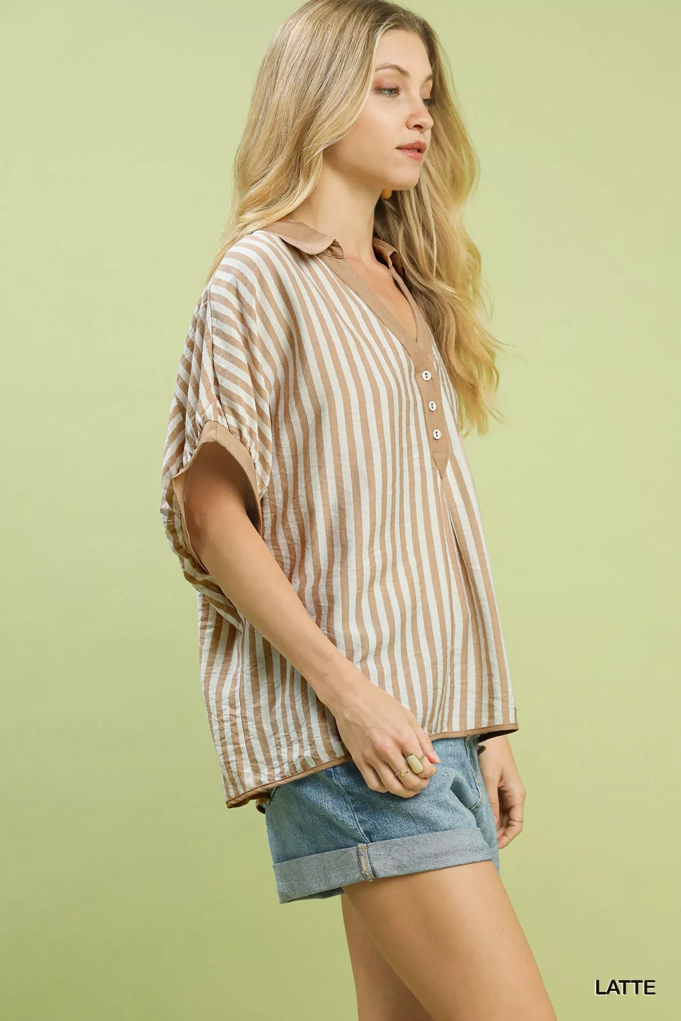 Trendsi Umgee latte-colored striped oversized collared top with long sleeves and relaxed fit, casual and stylish for everyday wear.