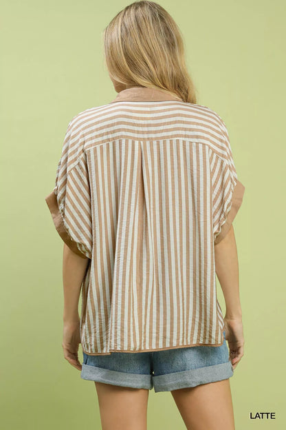 Latte-colored Umgee oversized striped collared top with relaxed fit and long sleeves, styled casually for a comfortable look.
