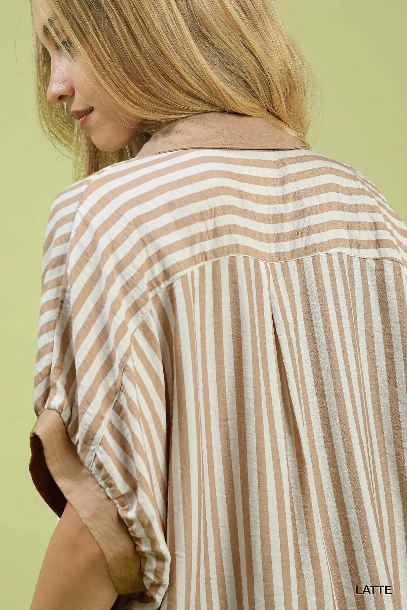 Trendsi Umgee latte-colored striped oversized collared top with relaxed fit and long sleeves, casual and stylish women's clothing.