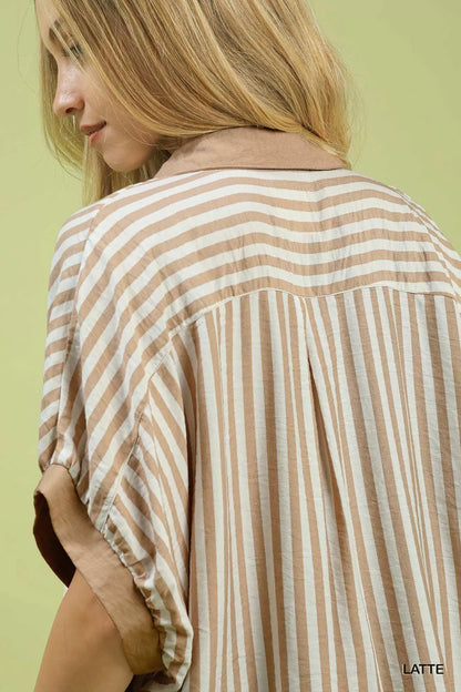 Trendsi Umgee latte-colored striped oversized collared top with relaxed fit and long sleeves, casual and stylish women's clothing.