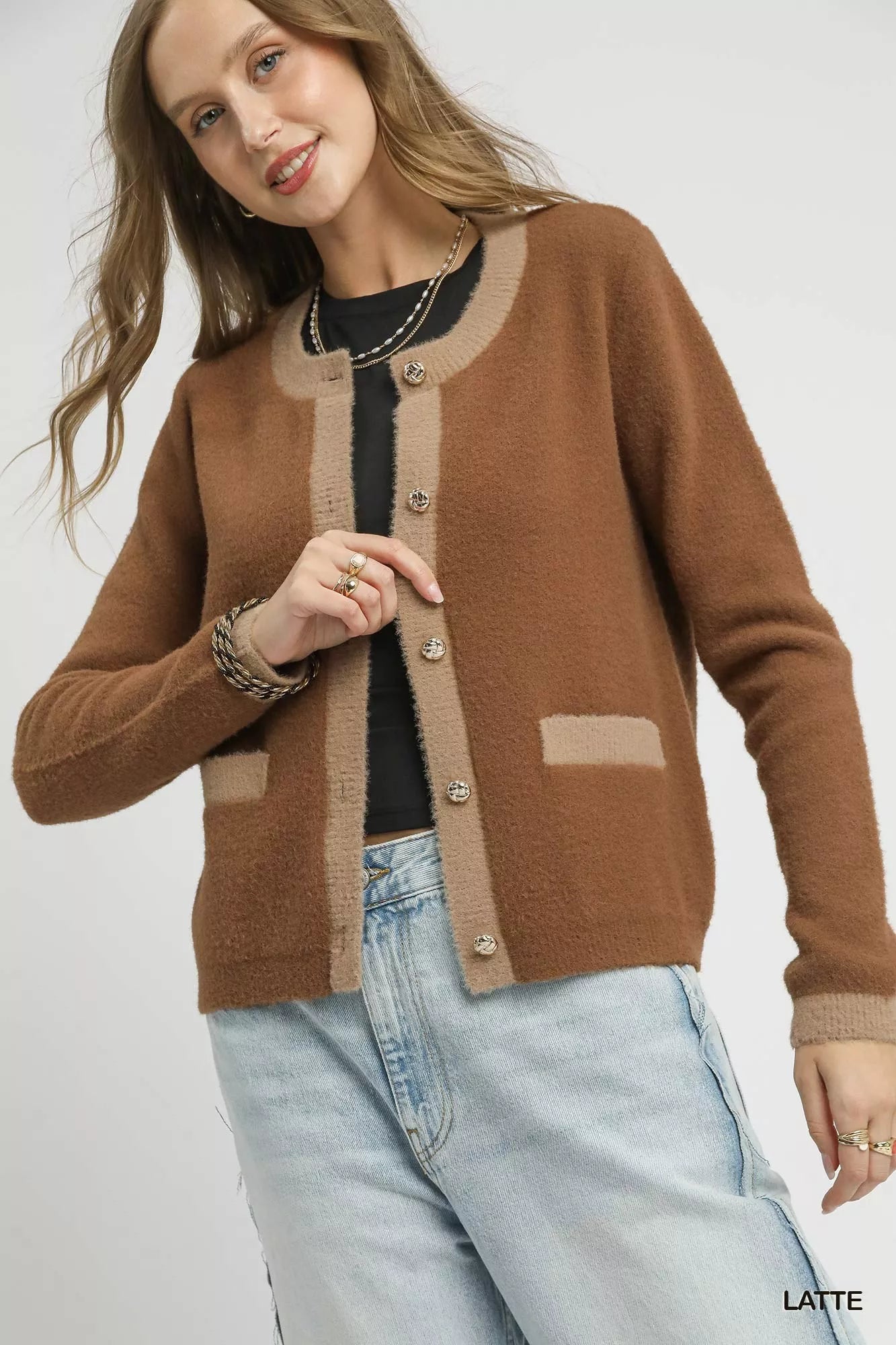 Light brown and beige two-tone button-front cardigan by Umgee, featuring a cozy knit and stylish design.
