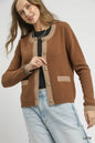 Light brown and beige two-tone button-front cardigan by Umgee, featuring a cozy knit and stylish design.