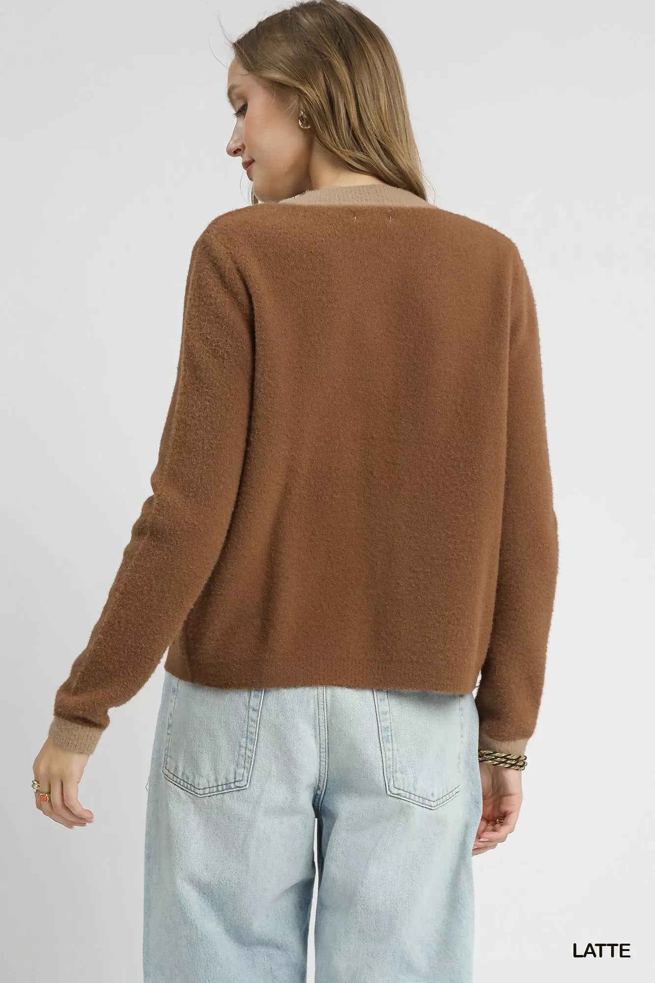 Two-tone button-front cardigan by Umgee featuring a relaxed fit, soft fabric, and stylish design in latte color.