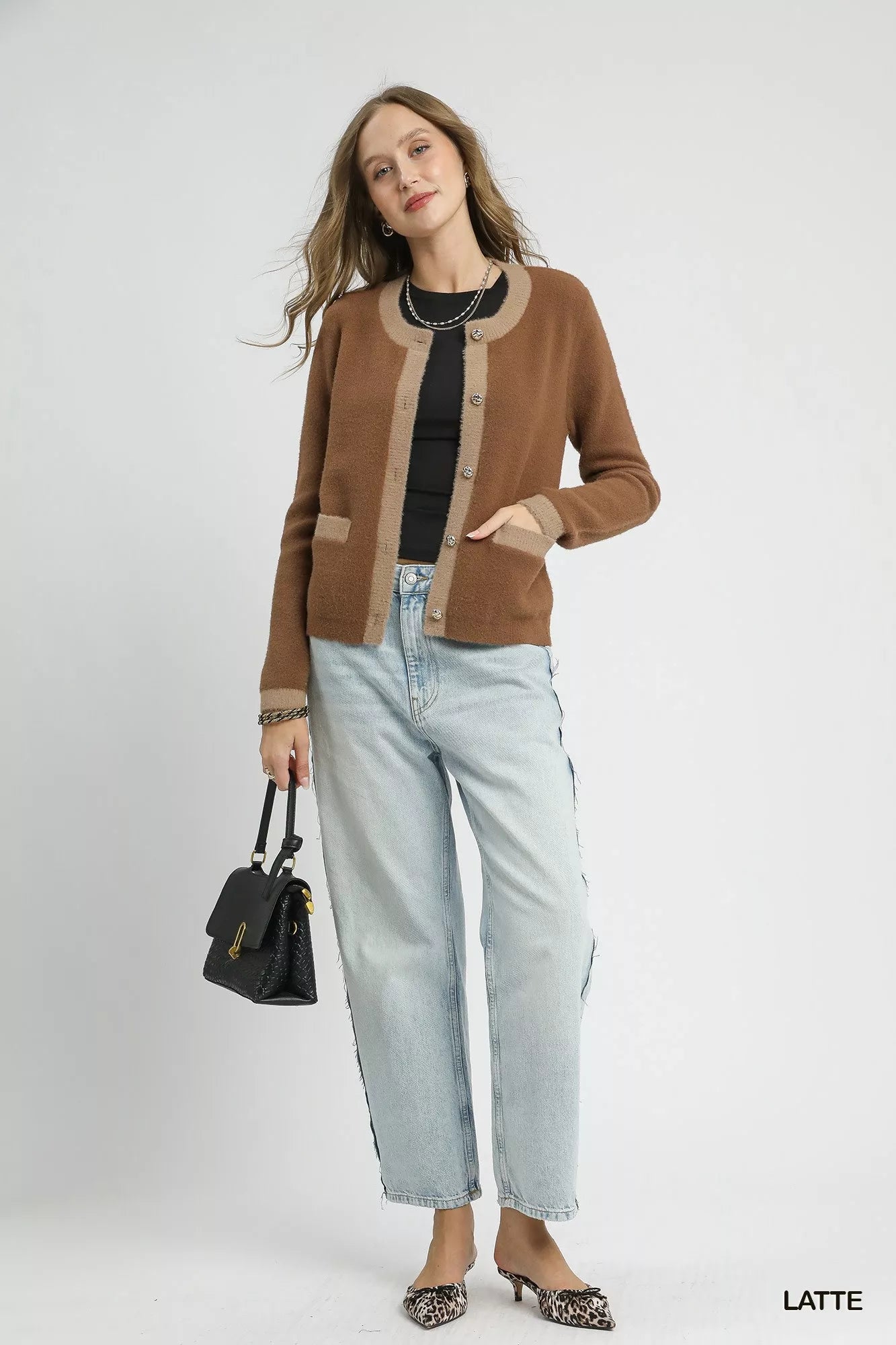 Two-tone button-front cardigan by Umgee featuring a cozy knit design in neutral tones, ideal for layered fall outfits.
